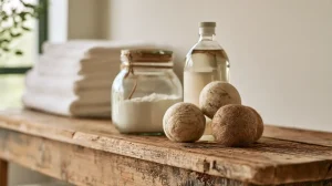 non-toxic laundry — fragrance-free detergent and wool dryer balls on wooden laundry shelf